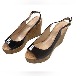 Stuart Weitzman Black Patent Cork Wedge Peep-Toe Slingback Sandals NIB